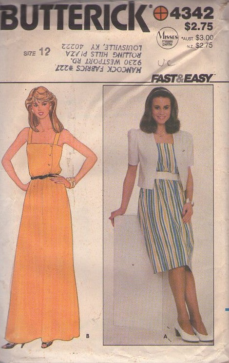 Butterick 4342 Vintage 80's Sewing Pattern Party Dress, Jacket, Fast & Easy, Asymmetric Bodice Buttons, Sun Dress, Maxi Gown & Cap Sleeve Cover Up Size 12