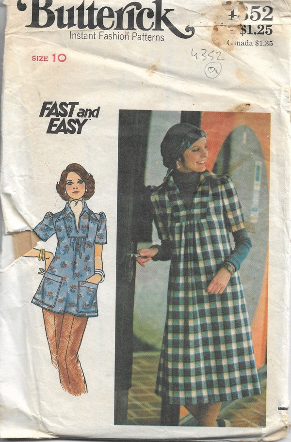 Butterick 4352 Vintage 70's Sewing Pattern ARTSY Fast & Easy Flared Smock Top, Collared Inset Loose Fit Dress Size 10