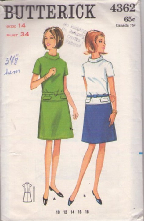 Butterick 4362 Vintage 60's Sewing Pattern Mod Dress, Twiggy Style One Piece with Two Piece Look Drop Waist 2 Tone Secretary Dress Size 14