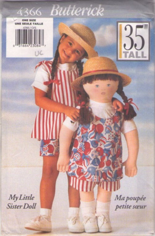 Butterick 4366 Retro 90's Sewing Pattern Life Size Doll, My Little Sister 35" Rag Doll, Top & Shorts