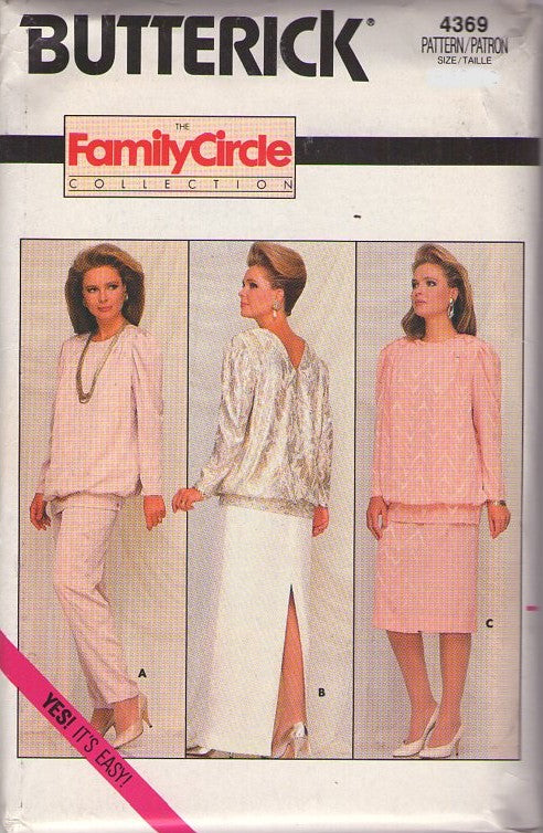 Butterick 4369 Vintage 80's Sewing Pattern Secretary Separates, Family Circle, V Back, Formal, Drop Waist Blouson Blouse, Skirt, Hostess Slacks Size 8-12