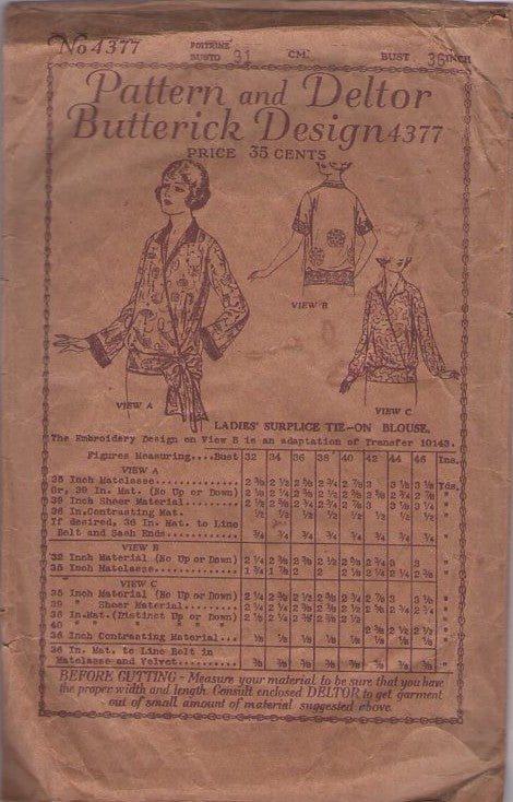 Butterick 4377 Vintage 20's Sewing Pattern Flapper Blouse, Deltor Titanic Victorian FLAPPER Wrap Around Blouse Set 3 Styles RARE 36" Size 18