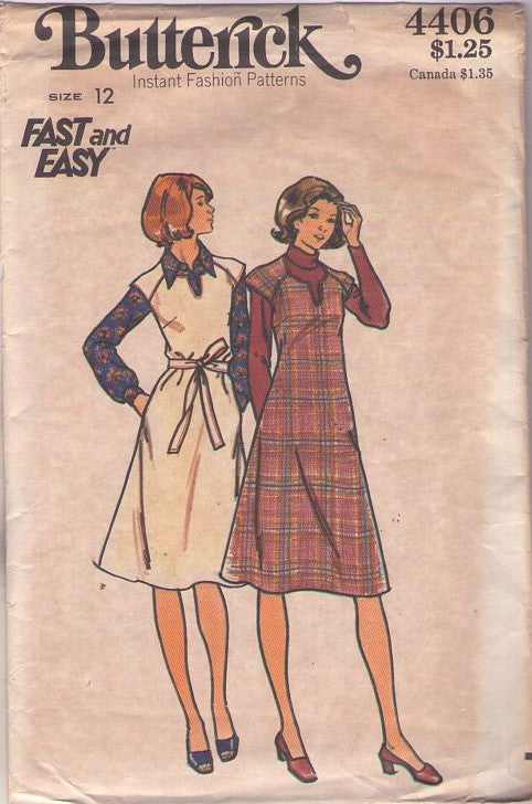 Butterick 4406 Vintage 70's Sewing Pattern Fast & Easy Jumpers, Notched Neck Fit & Flared Raglan Cap Sleeve Jumper, Secretary Dress & Tie Belt Size 12