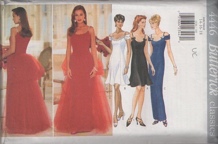 Butterick 4446 Retro 90's Sewing Pattern Formal Gowns, Classics, Scoop Neck Torch Singer Column Sheath Gown, Flared Party Dress, Tulle Bustle Peplum Pageant Red Carpet Dress Size 6-12