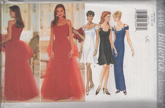 Butterick 4446 Retro 90's Sewing Pattern Formal Gowns, Classics, Scoop Neck Torch Singer Column Sheath Gown, Flared Party Dress, Tulle Bustle Peplum Pageant Red Carpet Dress Size 6-12