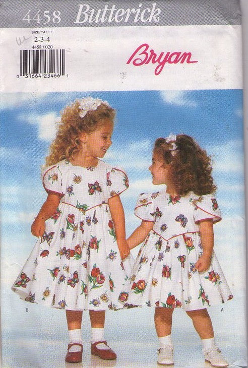 Butterick 4458 Retro 90's Sewing Pattern Girls' Dress, Designer Bryan, Basque Waist, Tulip Sleeve Cottagecore Party Dress 2 Styles Size 2-4