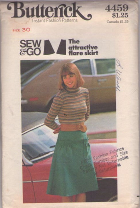 Butterick 4459 Vintage 70's Sewing Pattern Sew & Go Skirt, Secretary The Attractive Flare Skirt Pleated Patch Pockets 30" Size L