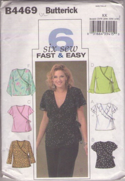 Butterick 4469 Retro 2005 Sewing Pattern Six Sew Fast & Easy Blouse, Wrap Around Top Set, Full Figure Size 26W-32W