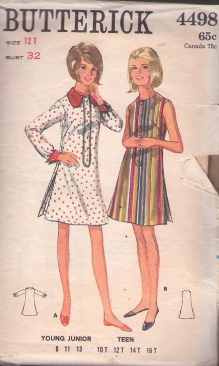 Butterick 4498 Vintage 60's Sewing Pattern Mod Dress, Twiggy Big Collar or Collarless Front Button Band Step In ShirtDress, Shirt Dress with Pleated Sides Size 12T