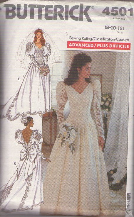 Butterick 4501 Vintage 80's Sewing Pattern Wedding Gown, Juliet Sleeve, Train, 2 Formal Styles Size 8-10
