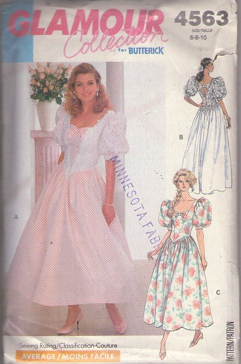 Butterick 4563 Vintage 80's Sewing Pattern Glamour Collection Dress, Formal Prom, Wedding, Garden Party Dress Size 6-10