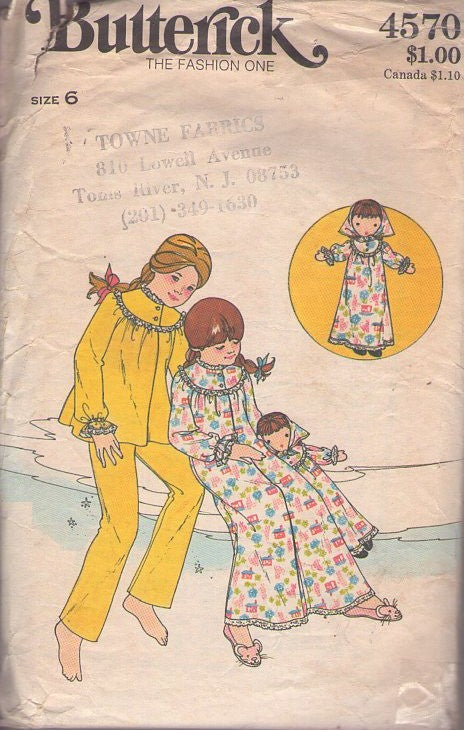 Butterick 4570 Vintage 70's Sewing Pattern Girls' Pajamas, Modest Round Yoked PJs Top & Pants, Nightgown, Matching 27 Rag Doll & Clothes Size 6"