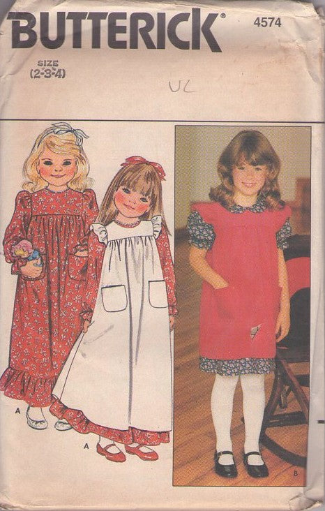 Butterick 4574 Vintage 70's Sewing Pattern Girls' Modest School Dress, Farmcore Cottagecore Short or Long, Matching Pinafore Apron Cover Up Size 2-4