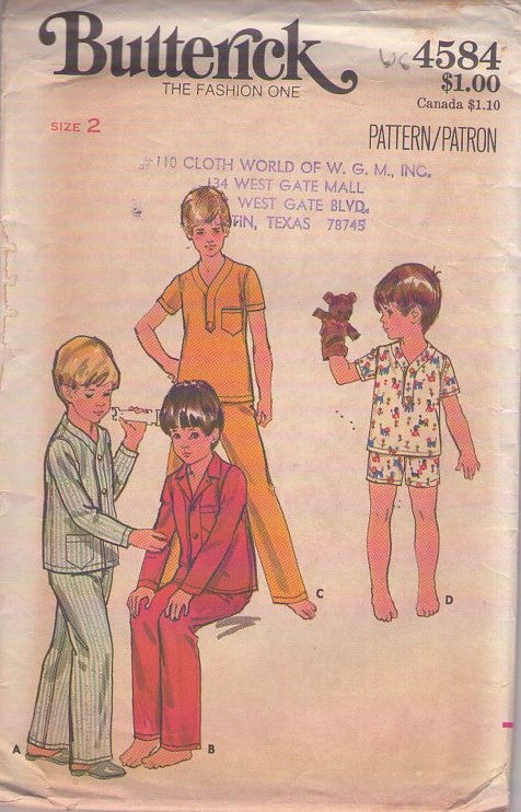 Butterick 4584 Vintage 70's Sewing Pattern Boys' Pajamas, Shirt, Boxer Shorts, Pants Size 2