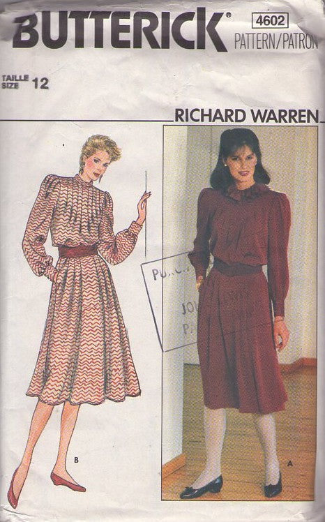 Butterick 4602 Vintage 80's Sewing Pattern 2 Piece Dress, Brat Pack Designer Richard Warren Pin Tucked Front Blouse, Flared Skirt, Office Secretary 2 Piece Dress Size 12