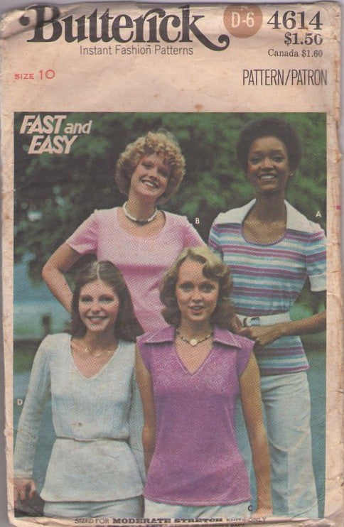 Butterick 4614 Vintage 70's Sewing Pattern Disco Shirts Set, Fast & Easy Scoop or V Neck Collared Stretch Knits Tops, Sweater Shirts Size 10