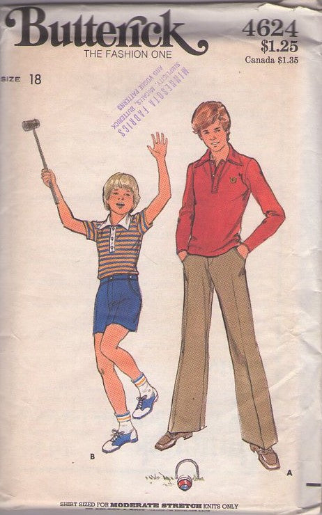 Butterick 4624 Vintage 70's Sewing Pattern Teen Boys' Separates, Young Men That 70s Show Collared Polo Shirt, Long Sleeve Top, Fly Front Shorts & Flared Pants Size 18