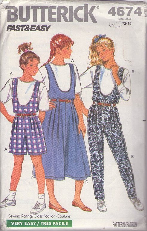 Butterick 4674 Vintage 70's Sewing Pattern Girls' Tshirt Top, High Waist Jean Skirt, Pants with Fly Front Size 4