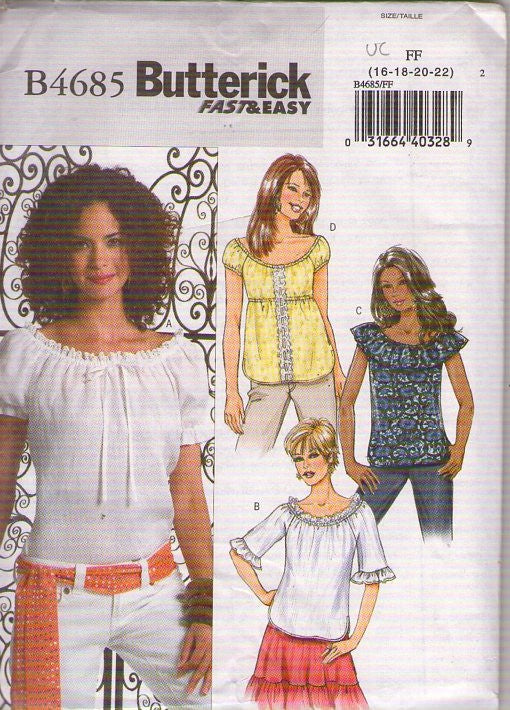 Butterick 4685 Retro 2005 Sewing Pattern Easy Peasant Tops, Gypsy, Boho, Pullover Blouse Size 16-22