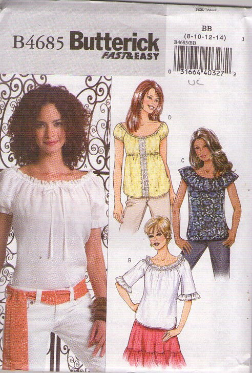 Butterick 4685 Retro 2005 Sewing Pattern Easy Peasant Tops, Gypsy, Boho, Pullover Blouse Size 8-14