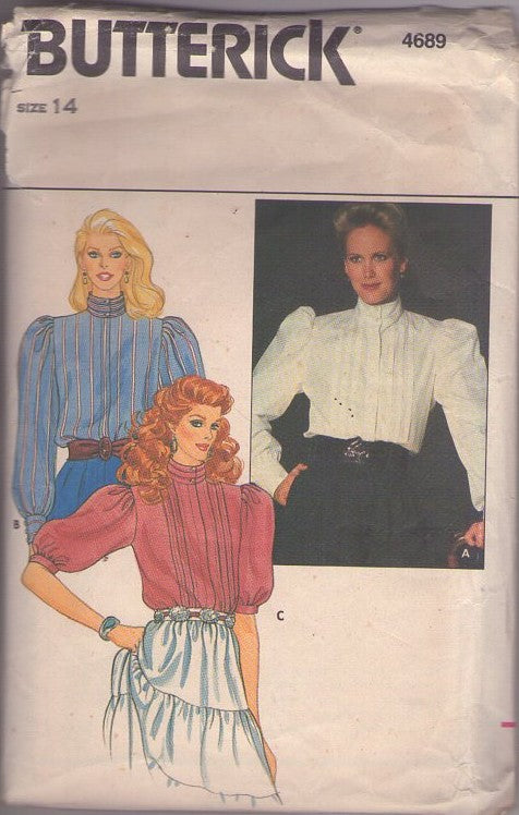 Butterick 4689 Vintage 80's Sewing Pattern Secretary Blouse Set, Romantic Victorian Vibes, Puff Sleeve, Pin Tucks, 3 Styles Size 14