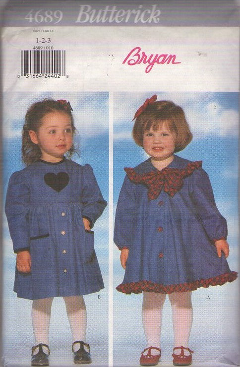 Butterick 4689 Vintage 90's Sewing Pattern Girl's Dress, Designer Bryan, Modest, Cottagecore, Buttons Size 1-3