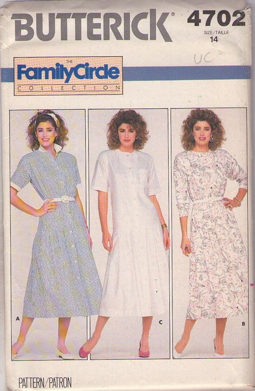 Butterick 4702 Vintage 80's Sewing Pattern Day Dress Set, Family Circle Collection, Retro Waitress Look Drop Waist Front Buttoned Coat Dress, Day Dress 3 Styles Size 14