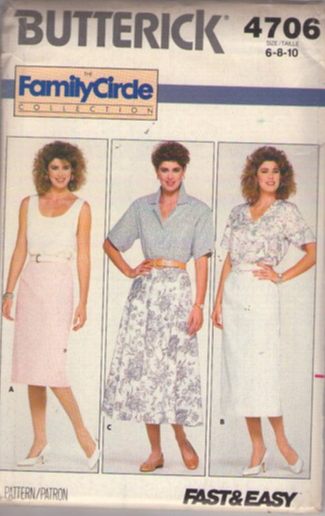 Butterick 4706 Vintage 80's Sewing Pattern Secretary Skirts, Family Circle Collection, Fast & Easy Skirt Set, Slim, Sheath, Flared Secretary Styles Size 6-10