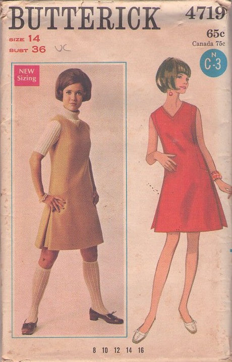 Butterick 4719 Vintage 60's Sewing Pattern Mod Dress, Jumper, V Neck, Side Pleats, Sleeveless Size 14