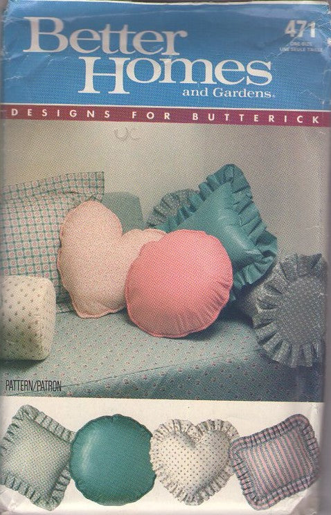 Butterick 471 Vintage 80's Sewing Pattern Pillow Set, Simple Designs Heart, Round, Bolster, Square, Heart Shapes Ruffles or Not Varied Sizes