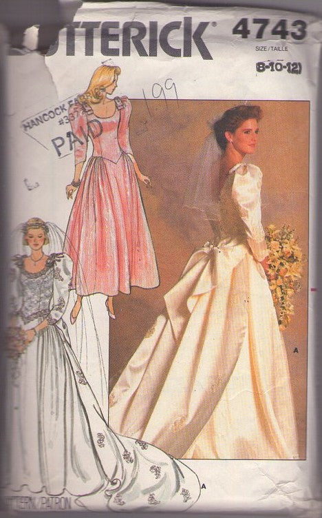 Butterick 4743 Vintage 80's Sewing Pattern Bridal Gowns, Royal Wedding Basque Fitted Waist Full Pleated Skirt Wedding Gown, Attached Train, Prom Formal Dress Size 8-12