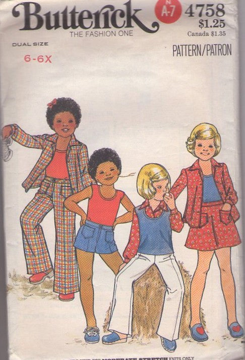 Butterick 4758 Vintage 70's Sewing Pattern Kids' Separates, Brady Bunch Styles, Mix & Match, Tank Top Tshirt, Shorts, Pants, Shirt Jacket Blouse Size 6-6X
