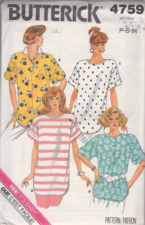 Butterick 4759 Vintage 80's Sewing Pattern Oversized Shirt, Blouse, Top Set, Easy to Sew 4 Styles Size P-M