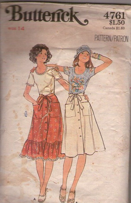 Butterick 4761 Vintage 70's Sewing Pattern Wrap & Button Skirt, Tshirt Top, Prairie, Country, Flounce, Front Buttons, Pockets, 2 Styles Size 14