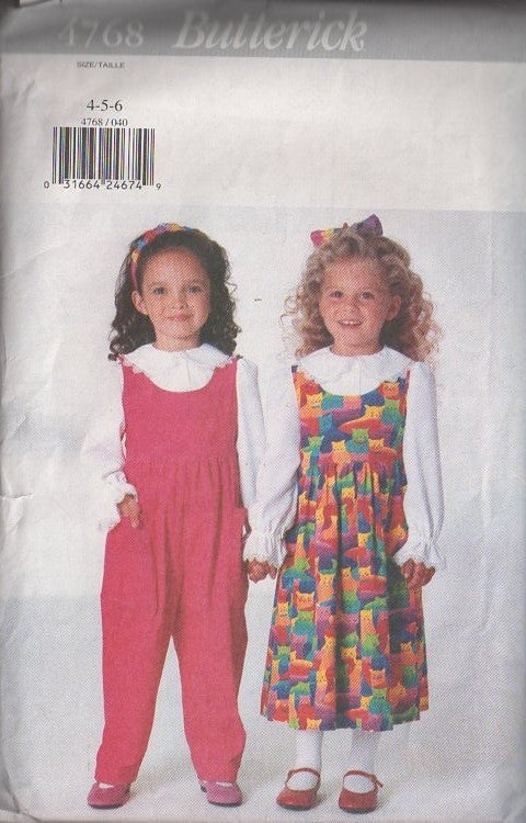 Butterick 4768 Retro 90's Sewing Pattern Girls' Separates, Cottagecore Ruffled Collar Blouse, Scoop Neck Jumper Dress or Jumpsuit Size 4