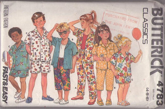 Butterick 4783 Vintage 80's Sewing Pattern Boys' & Girls' Separates, Classics Hawaiian Button Up Blouse, Shirt, Shorts, Capri Pants, Skater Jammers Shorts Size 4-6