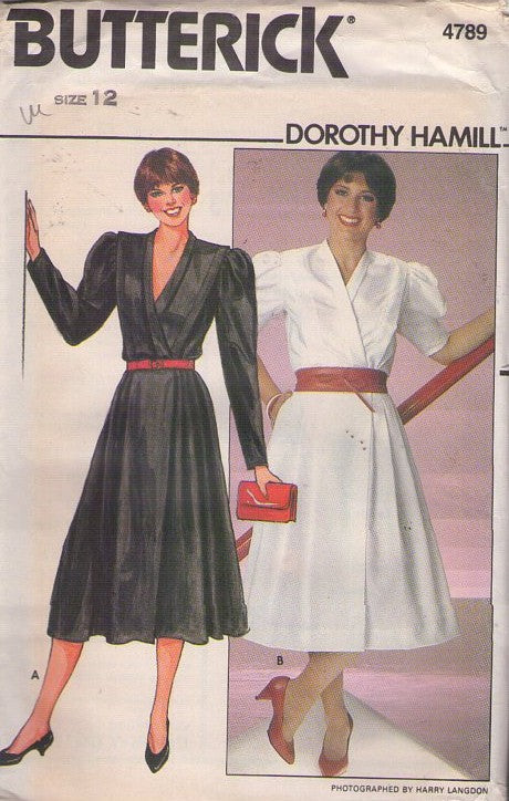 Butterick 4789 Vintage 80's Sewing Pattern Secretary Dress, Skater Dorothy Hamill, Front Wrap Around Pleated Sleeves Size 12