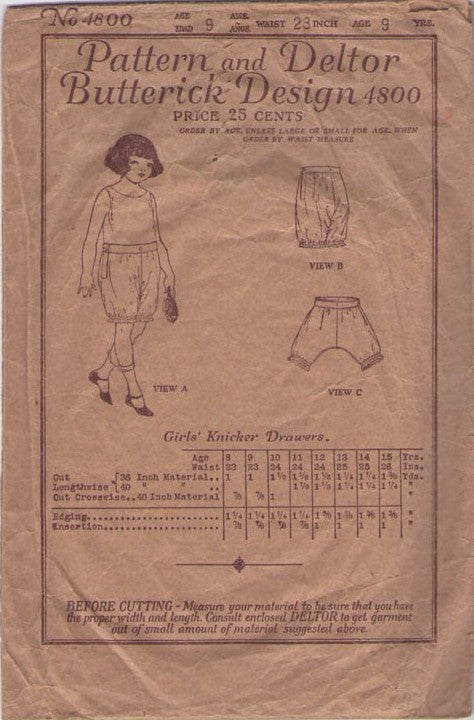 Butterick 4800 Vintage 20's Sewing Pattern Girls' Bloomers, Knickers, Deltor Design, Art Deco, Flapper Knicker Drawers, Buttoned Undergarments, Bloomer Panties