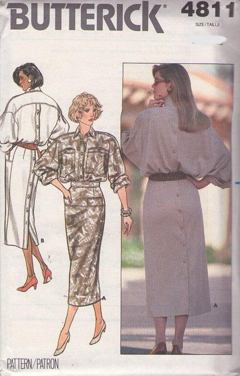 Butterick 4811 Vintage 80's Sewing Pattern Secretary Dress, Dropped Bloused Sleeves, Safari Pockets Dress, Hip Yoke, Back Button Bank Rear Interest Size 8-12