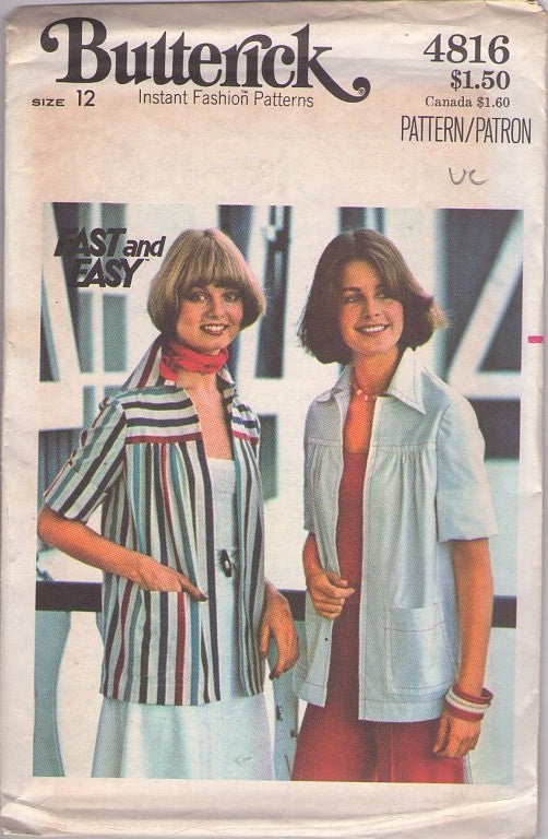 Butterick 4816 Vintage 70's Sewing Pattern Jacket Set, Fast & Easy Yoked Jacket Top, Open Front Blouse Cover Up Size 12
