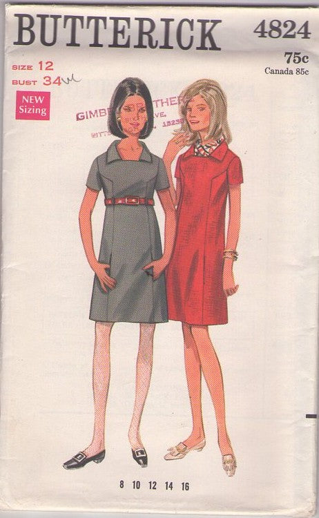 Butterick 4824 Vintage 60's Sewing Pattern Mod Dress, Angular Princess Seams Collared Day Dress, Hidden Front Pockets Size 12