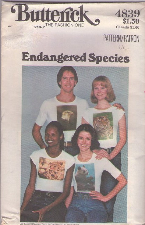 Butterick 4839 Vintage 70's Sewing Pattern Animal Crafts, Save The Wildlife Endangered Species Full Color Iron On Transfers for Tshirts SO RETRO One Size