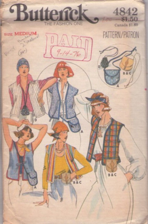 Butterick 4842 Vintage 70's Sewing Pattern Hippie Vests, Bags, Cap Sleeve, Tie Front Oversized Vest, Tiny Pouch or Button Shoulder Bags, Purse Set Size M