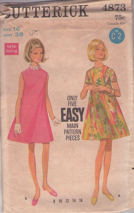 Butterick 4873 Vintage 60's Sewing Pattern Mod Tent Dress, Easy to Sew Flared GoGo Party Dress, 2 Styles Size 16