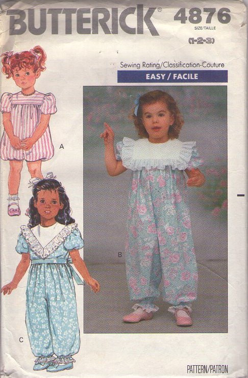 Butterick 4876 Vintage 90's Sewing Pattern Toddler Girl's Jumpsuit, Bubble Leg Romper, Cottagecore, Easy, Modest Size 1-3