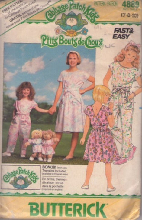 Butterick 4889 Vintage 80's Sewing Pattern Girls' Dress, Jumpsuit, Official Cabbage Patch Kids, V Wrap Back Bodice Dress, Jumpsuit, Matching Doll Outfits Size 7-10