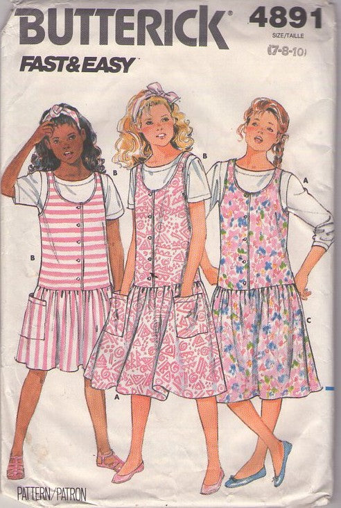 Butterick 4891 Vintage 80's Sewing Pattern Girls' Jumpers, Tops, Modest Fast & Easy Scoop neck, Drop Waist Buttoned Jumper, Summer Sun Dress, TShirt Top Size 7-10