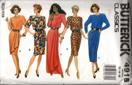 Butterick 4918 Vintage 90's Sewing Pattern Classics Blouson Secretary Dress, Long Flap Front Evening Gown 5 Styles Size 12-16