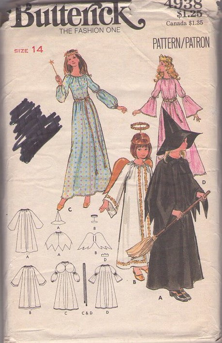 Butterick 4938 Vintage 70's Sewing Pattern Cosplay Costumes, Halloween Costume, Juliet Bell Sleeve Fairy Princess, Renaissance Queen, Angel, Witch Dress, Hat, Halo, Wings WOMENS Size 14