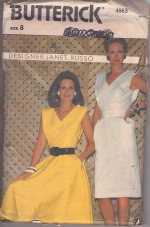 Butterick 4963 Vintage 80's Sewing Pattern Summer Dress Set, Designer Janet Russo 50s Style Summer V Neck Sheath or Flared Skirt Day Dress Sun Dress Size 8